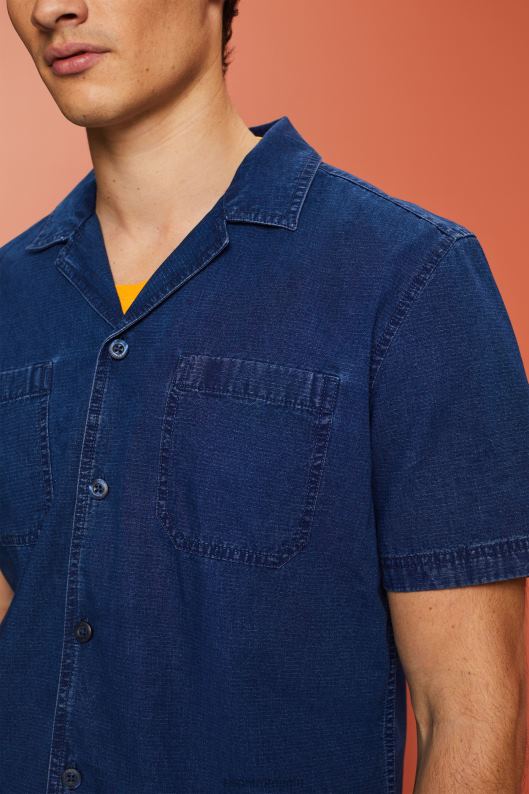 Esprit cămașă din denim cu mâneci scurte bărbați spalare albastru inchis 2T6N8595 cămăși