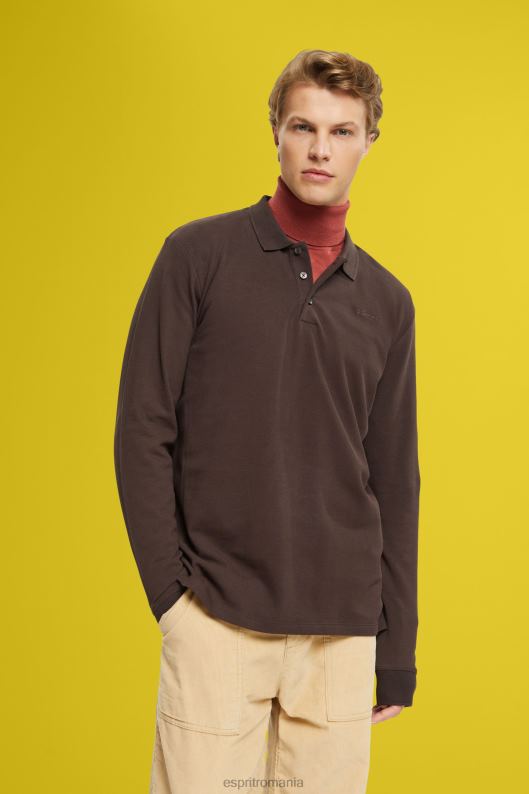 Esprit tricou polo cu mânecă lungă din piqué bărbați maro inchis 2T6N8836 polouri