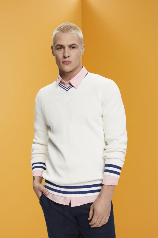 Esprit pulover din bumbac durabil cu decolteu în V bărbați aproape alb 2T6N8725 pulovere