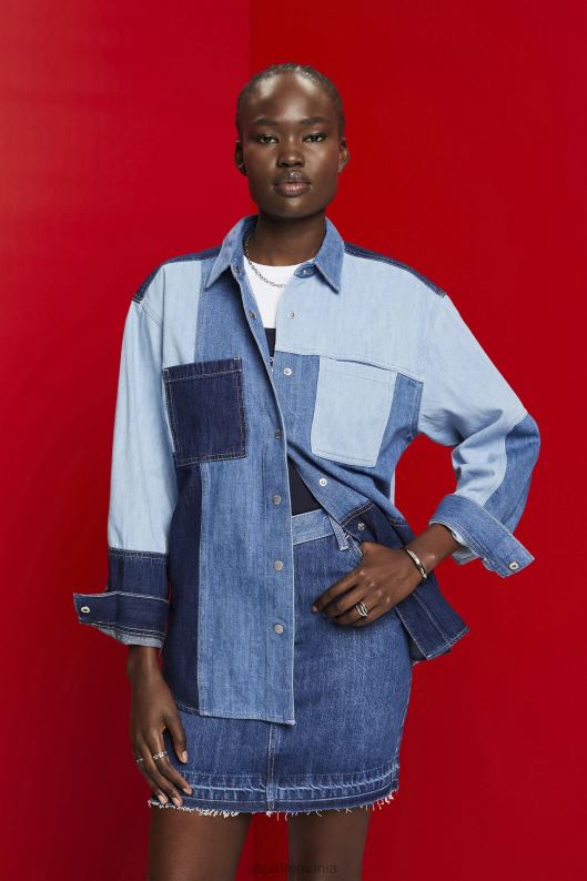 Esprit cămașă de blugi patchwork, amestec de bumbac femei spălare cu lumină albastră 2T6N8257 cămăși