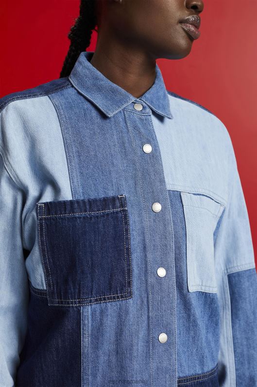 Esprit cămașă de blugi patchwork, amestec de bumbac femei spălare cu lumină albastră 2T6N8257 cămăși