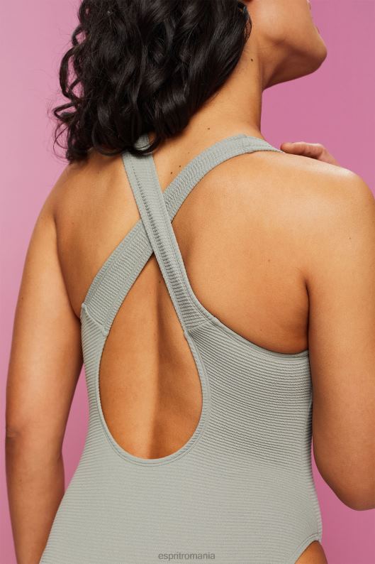 Esprit costum de baie texturat cu spatele încrucișat femei verde kaki 2T6N879 înot