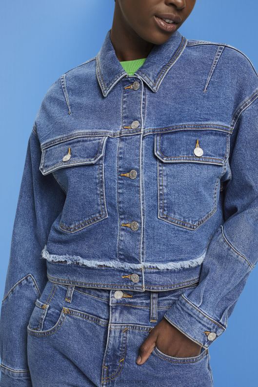 Esprit jachetă de denim decupată, cu ornamente uzate femei spalare albastru inchis 2T6N8311 jachete