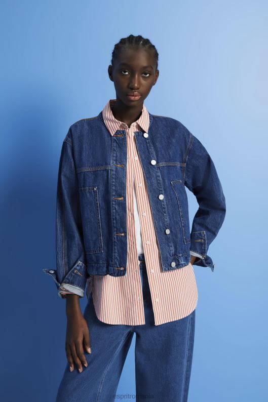 Esprit jachetă din denim fără guler cu șnururi femei spalare albastru inchis 2T6N8298 jachete