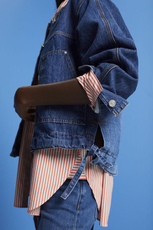 Esprit jachetă din denim fără guler cu șnururi femei spalare albastru inchis 2T6N8298 jachete