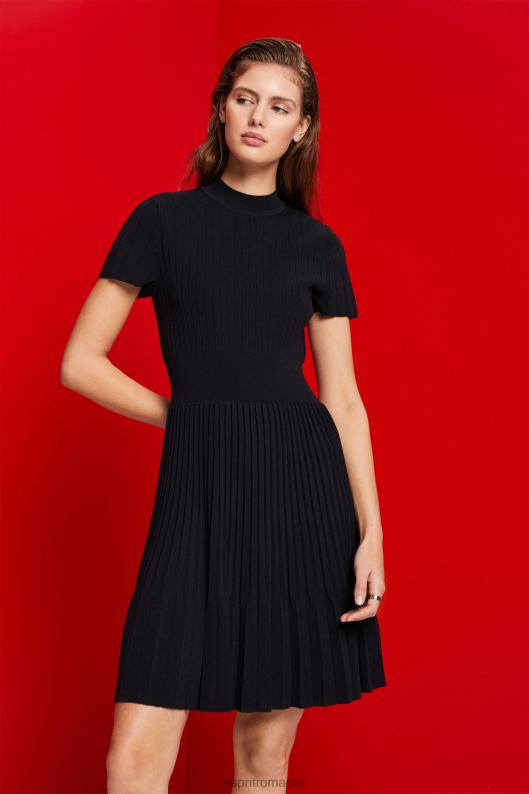 Esprit rochie midi cu pliuri mockneck cu maneci scurte femei negru 2T6N8120 rochii