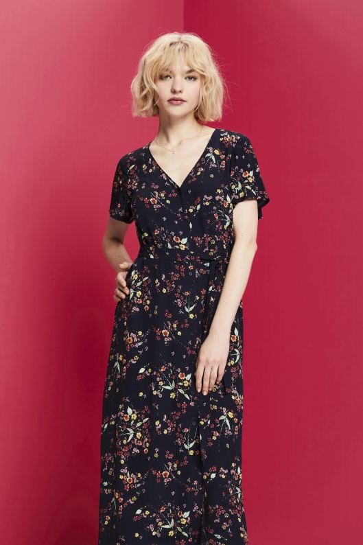 Esprit rochie midi imprimată cu curea cravată femei albastru inchis 2T6N8189 rochii